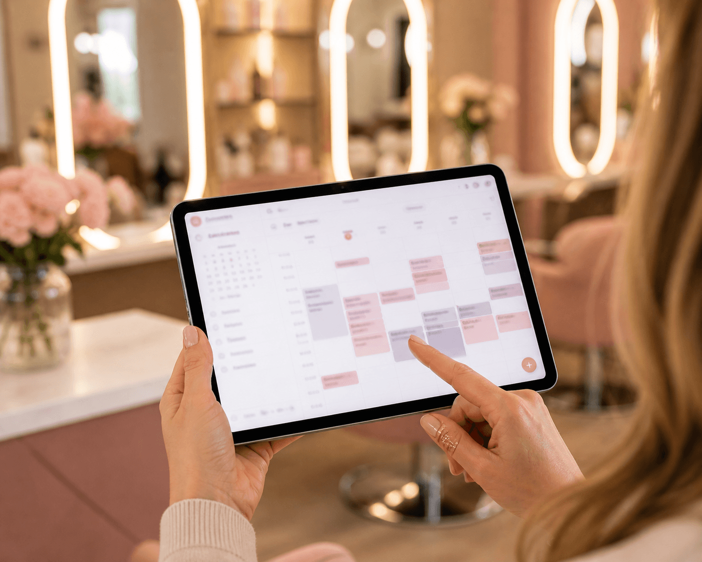 Tablet displaying a business appointment calendar with available time slots