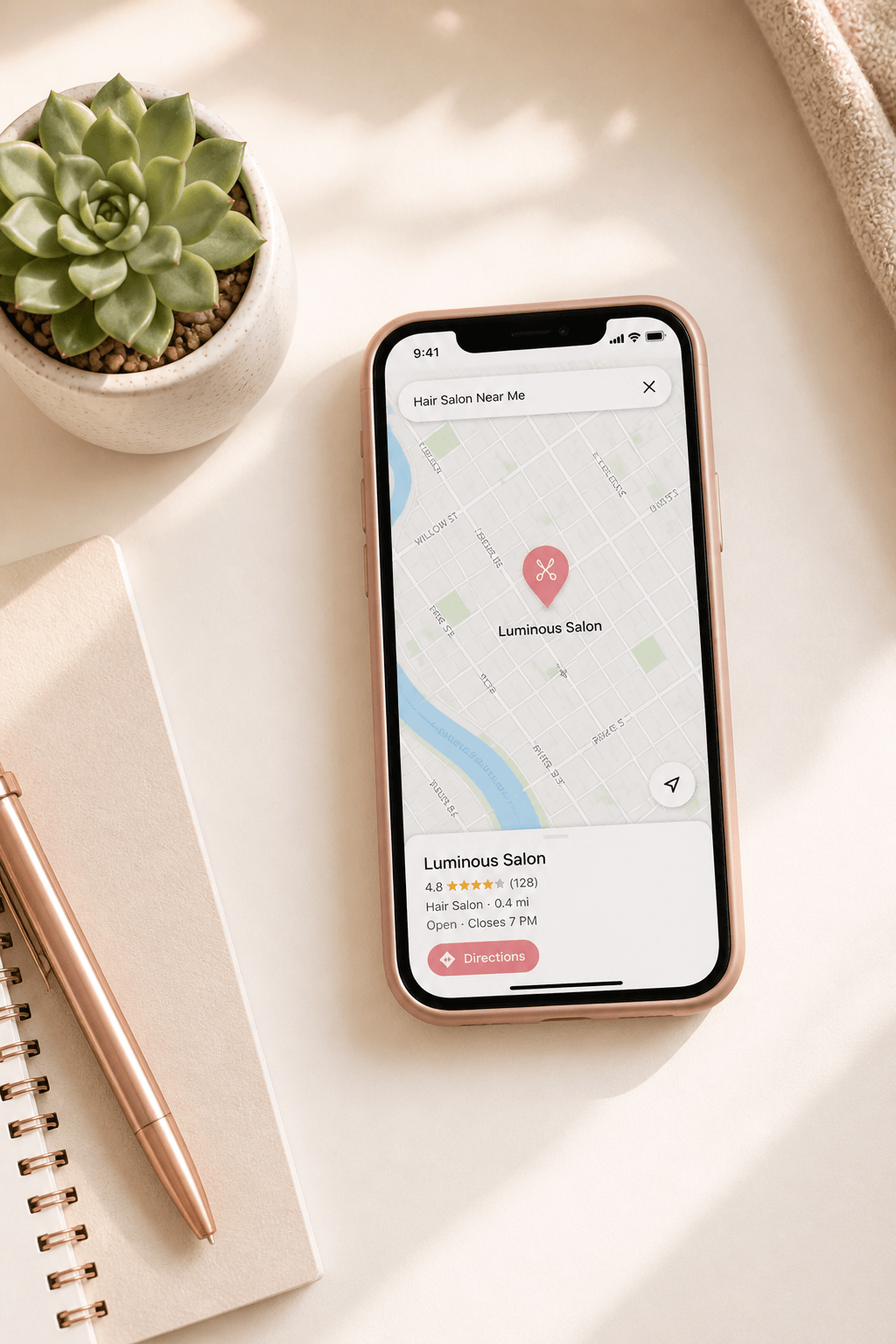 Phone displaying Google Maps with business location pins in a local search