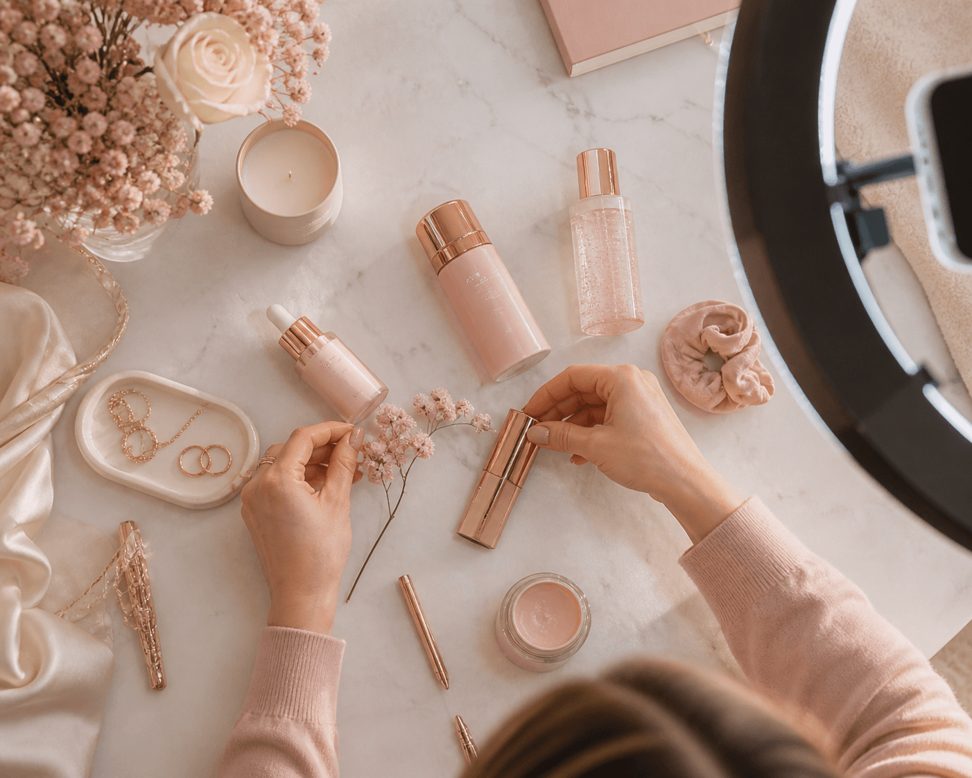 Flat-lay product setup for Instagram content creation